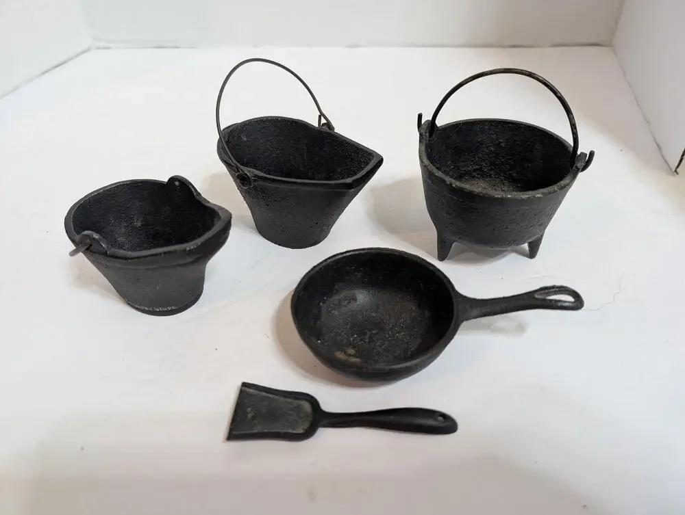 Vintage Miniature Cast Iron Cookware Set Dollhouse Skillet Kettle Bucket